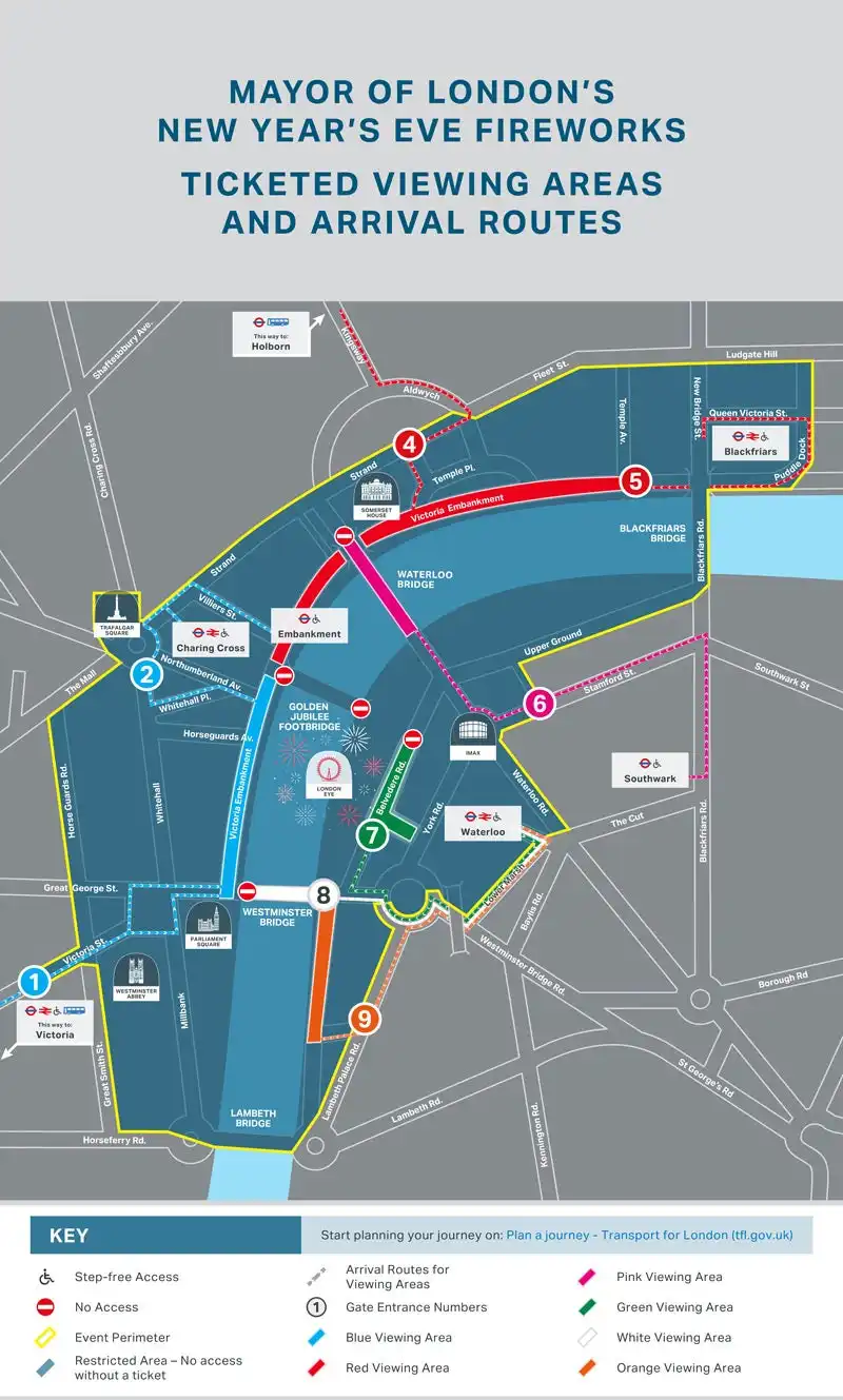 Mayor of London's New Year's Eve Fireworks Ticketed Viewing Areas and Arrival Routes Map - Shows Blue, Red, Pink, Green, White, and Orange viewing areas with entrance gates 1-9